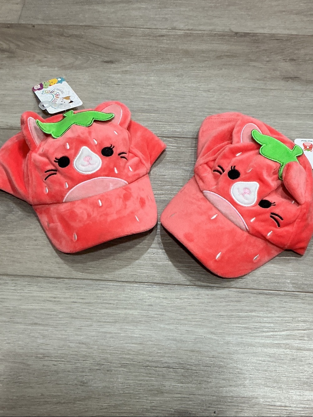 Squishmallows Strawberry Cat Plush Cap - Coral Pink with Green Leaf